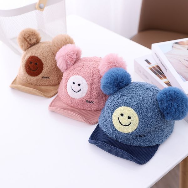 

korean style childrens hat autumn and winter cute smiley face double ball baby baseball cap boys and girls fashion baby peaked cap cold-proo, Blue;gray