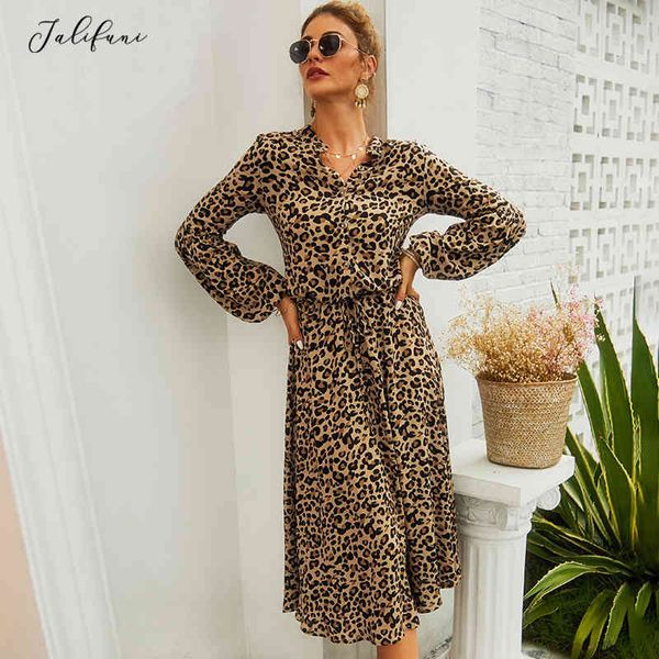 Frauen Leopard Midi Kleid Hohe Taille Langarm Robe Femme Vintage Arbeit Büro Damen Herbst Hemd Vestidos Cortos Mode 210415