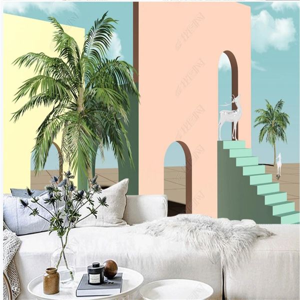 

creative 3d wallpaper three-dimensional space blue sky and white clouds tv background wall mural