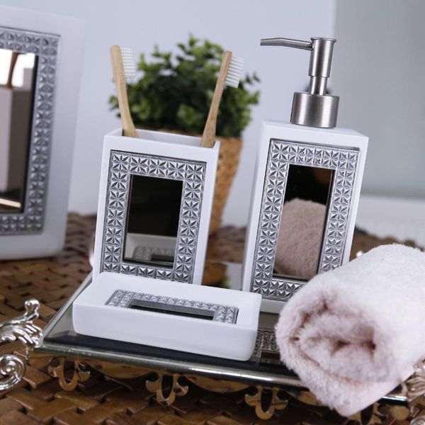 

bath accessory set portofino bathroom decor of 3 white silver color with liquid soap dispenser, toothbrush holder, dispenser