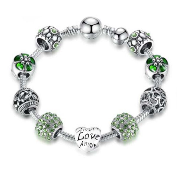 

mpb3 silver plated charm bracelet & bangle with love and flower beads women, Golden;silver