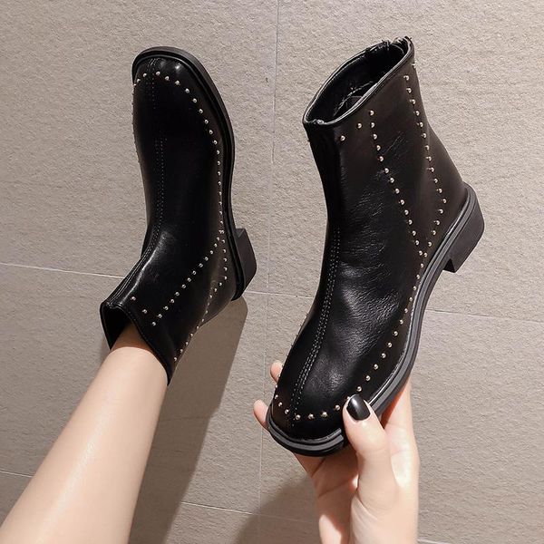 

boots studs heels knight riding women zip metal decorate short bottes pu leather shoes british plush punk motorcycle botas mujer, Black