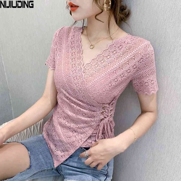 

women's summer lace female irregular up blouses solid woman short sleeve blousa chiffon 210514, White