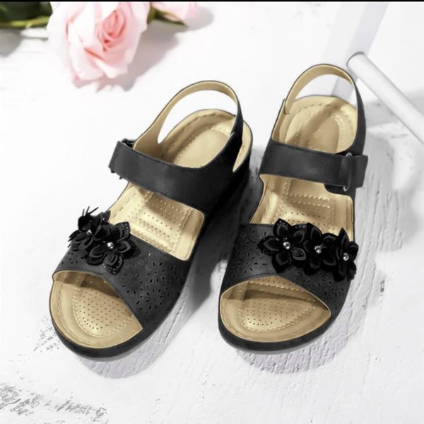 

women flower vintage sandals mother shoes ladies girls comfortable buckle strap soft sole chaussures femme#0625, Black