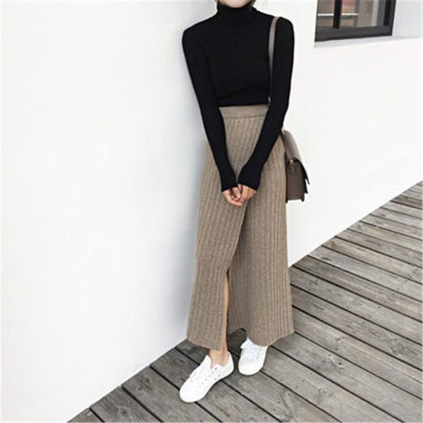 

skirts 2021 winter retro fashion side fork high waist pencil knit long skirt half-length woolen, Black