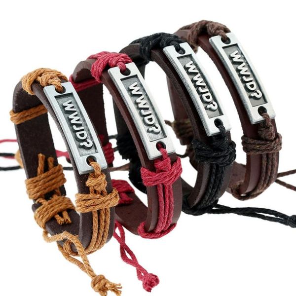 

link, chain vintage fashion alloy wwjd charm bracelet handmade rope wrap genuine leather bangle wristband hiphop punk women men jewelry gift, Black