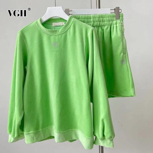 

women's tracksuits vgh casual green shorts sets female round neck long sleeve sweatshirt elastic high waist short loose two piece set w, Gray