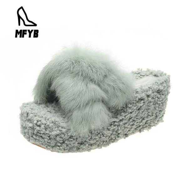 

slippers mfyb women's 2021 summer comfortable thick-soled wedges shoes sweet fleece, Black
