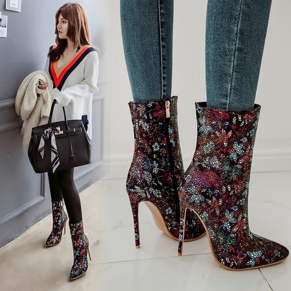 

boots sharp fiber on side high female impression heels, Black