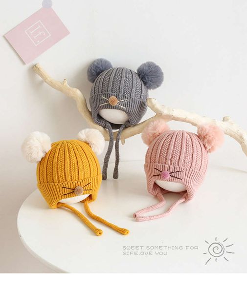 

2021 luxury designer caps reindeer and winter cute kittens children's ear for male female baby cartoon double ball wool used hats 6m-3y, Blue;gray