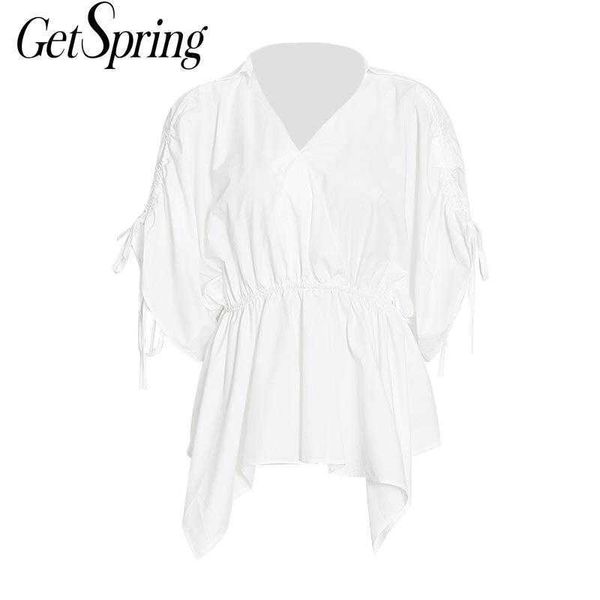 

getspring women blouse shirt asymmetry v-neck drawstring white women's summer blouses loose casual 210601
