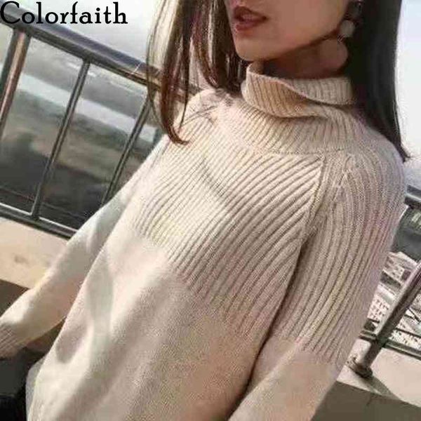 

colorfaith new autumn winter women's sweaters turtleneck pullover warm split minimalist elegant solid lady jumpers sw1093jx 210413, White;black