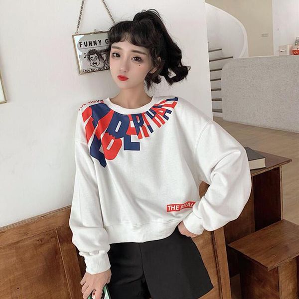 

women's hoodies & sweatshirts clothing casual letter loose o-neck spring and autumn harajuku style pullovers white full fashion brand, Black