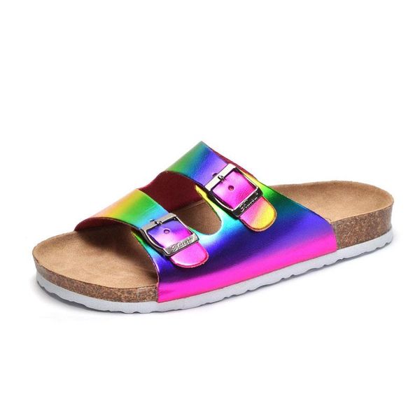 

sandals brand design women's slippers outer wear 2021 colorful buckle open toe bicyclic flat-bottomed, Black