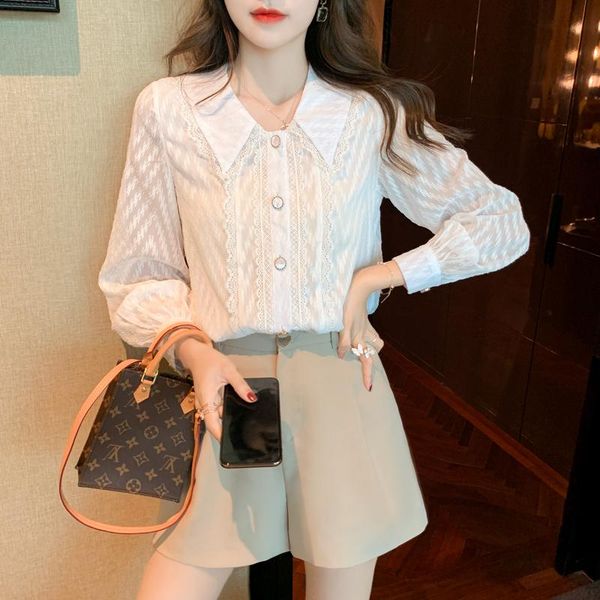 

women's blouses & shirts v neck blouse long sleeve lace white elegant casual spring summer 2021 women fashion koszula damska elegancka