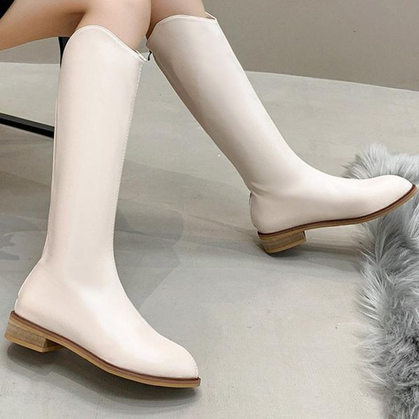 

boots round head low heel mid calf women motorcycle 2021 autumn fashion platform square pointed casual, Black