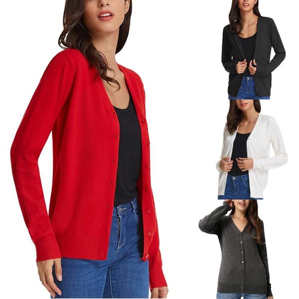 

women's knits & tees women solid color polyester autumn spring sweater adults slim-fit button-down long sleeve v-neck knit cardigan, White