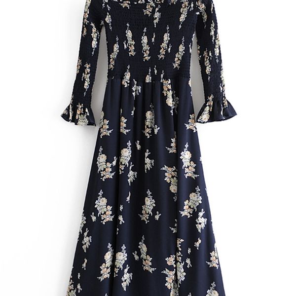 

vintage ruffle side slit square neck long dress women's one-line stretch high waist floral print summer 210514, Black;gray