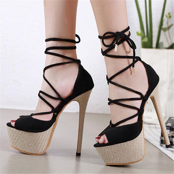 

summer women 16.5cm high heels wedges flock cross sandals rome black fetish prom pumps lace up toe 6cm platform shoes