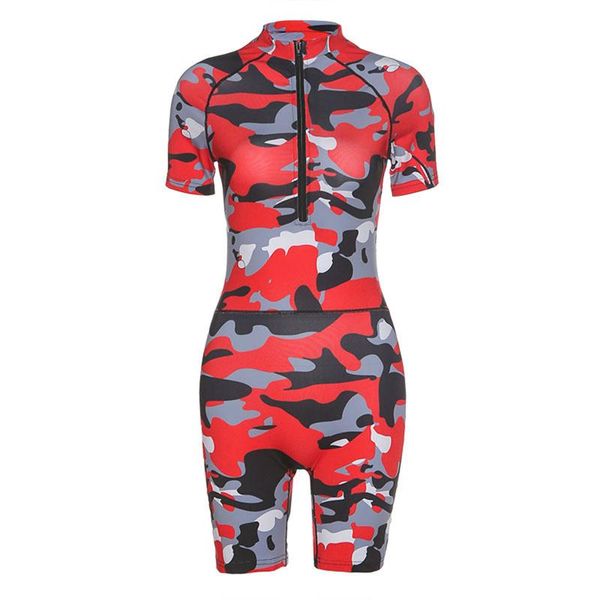 

women sport jumpsuit summer camouflage printed zipper front bodysuit short sleeve fitness leotard swimwear fashion playsuit running pants, Black;blue