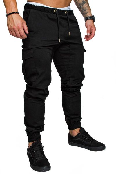 

men's cotton casual fashion lanyard elastic sports pants, Black