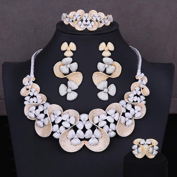 

earrings & necklace blachette noble flower leaf luxury women wedding nigerian naija cubic zirconia dubai 4pcs dress jewelry set, Silver