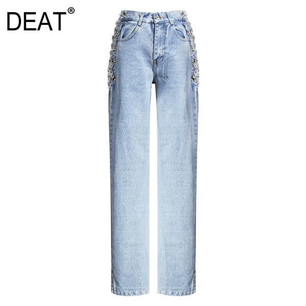 Comprimento total lighgh azul lateral cadeia cintura oco alto calça jeans bolsos duplos botão mosca calças mola gx836 210421