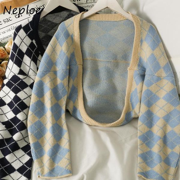 

women's knits & tees neploe irregular long-sleeved shawl women loose casual outer wear open stitch female 2021 autumn diamond plaid sho, White