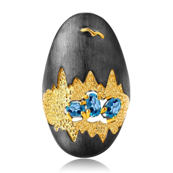 

gem's ballet 925 sterling silver handmade cave treasure rings 0.80ct natural swiss blue z gemstones ring for women jewelry cluster, Golden;silver