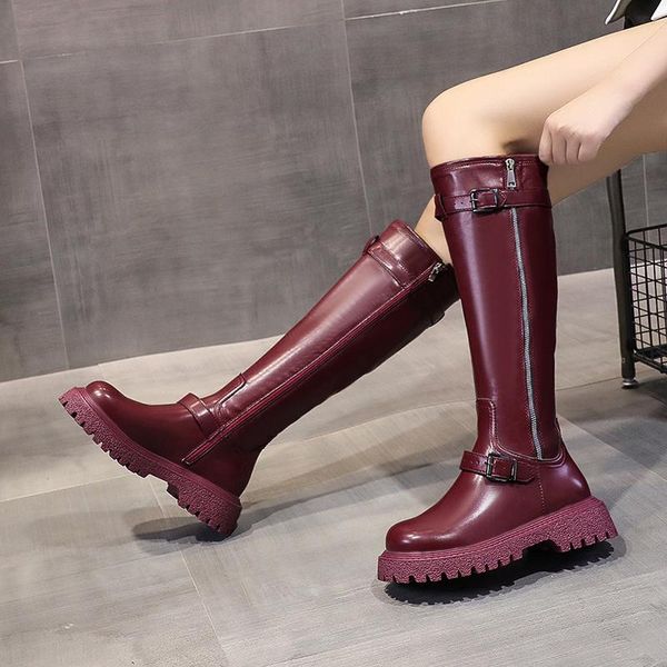

boots med heel zipper women shoes autumn boots-women round toe flat rock over-the-knee 2021 ladies red rubber basic pu, Black