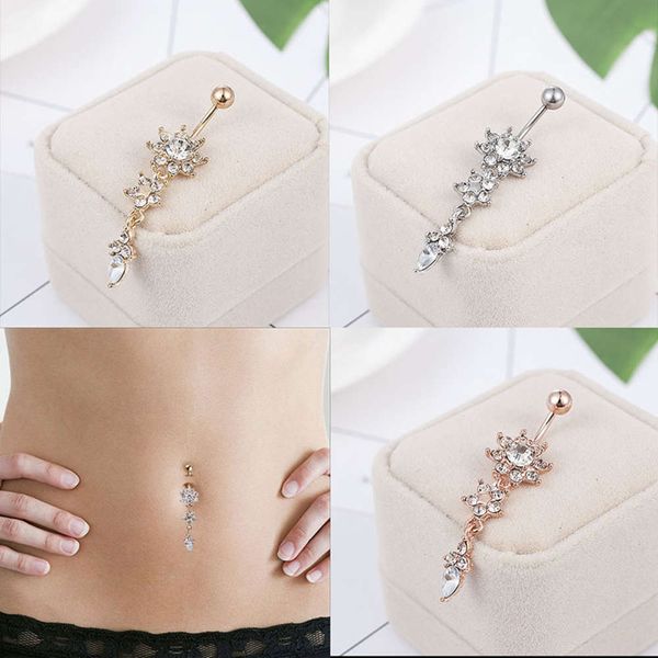 

personalized sunflower long navel nail inlaid with diamond drops 3 colors 3 sections puncture jewelry