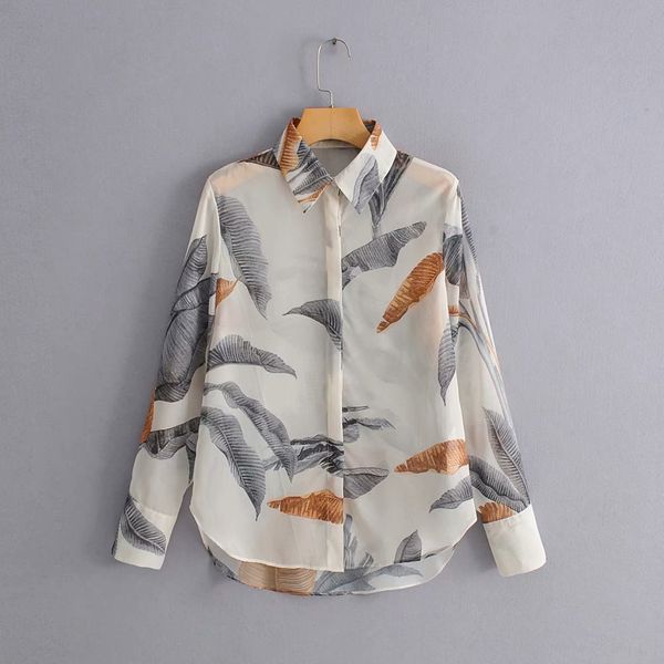 

women vintage leaves print casual slim business blouse shirts long sleeve office wear blusas chic summer ls3872 210419, White