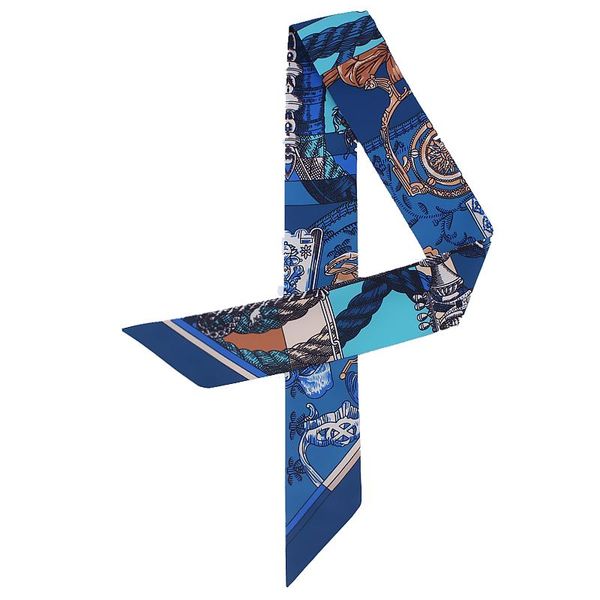 

scarves pobing design rope chain print silk scarf women head brand small tie handle bag ribbon long wraps 100*5cm, Blue;gray
