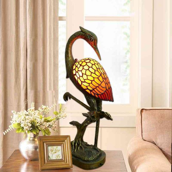 

color glass tiffany resin base crane lamp bedside bedroom atmosphere ornaments