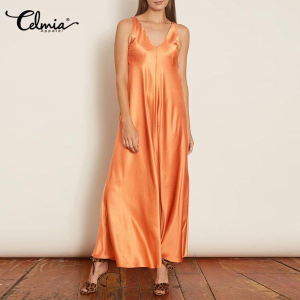 

casual dresses celmia women v neck summer dress sleeveless satin silk long dresscasual elegant party beach maxi vestidos robe, Black;gray