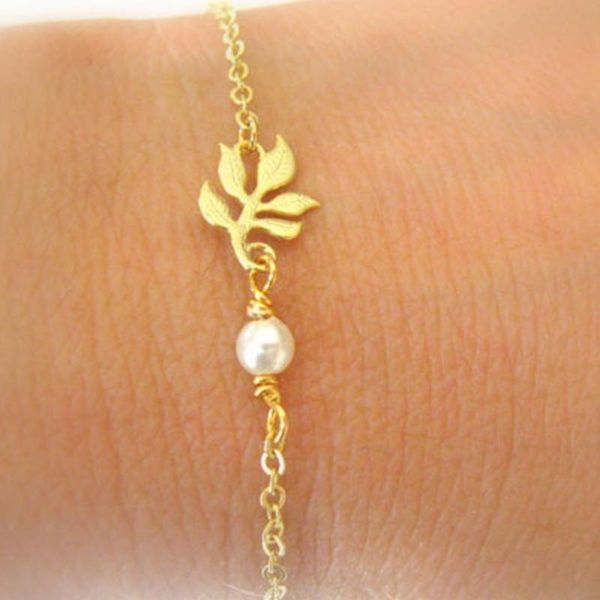 

link, chain fashion gold-plated forest leaf bracelet imitation pearls for lovers bracelets bangles women charm jewelry diy, Black