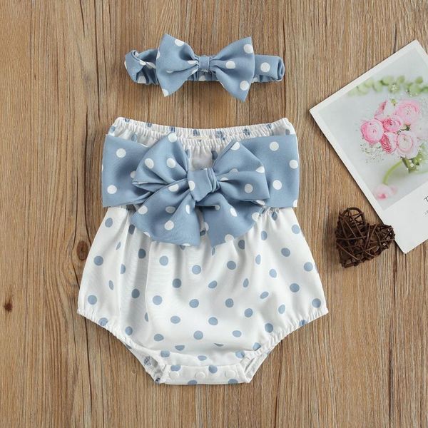 

rompers fashion summer 2021 born baby bowknot clothes bodysuits girls off shoulder polka dot print jumpsuit+headband outfits, Blue
