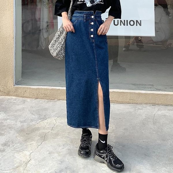 

skirts spring summer women denim retro split high waist a line fashion cowboy female ankle-length skir thigh quality, Black