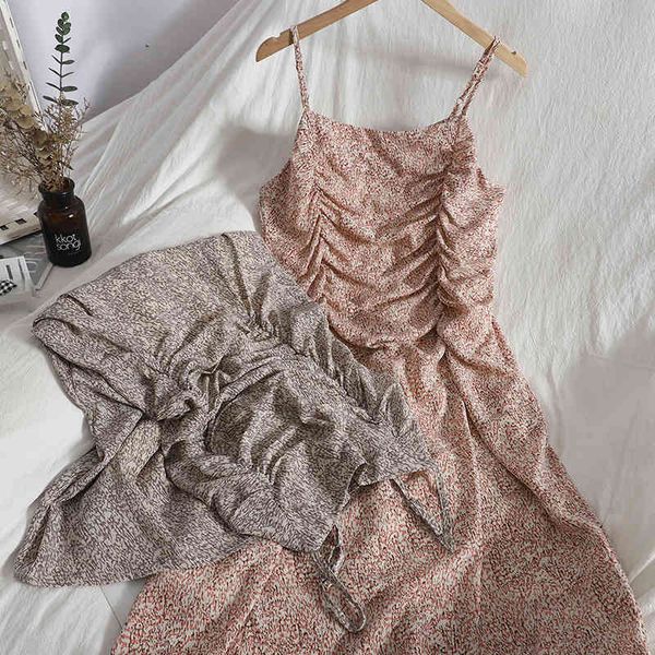 

summer korean high-waist pleated suspender dress for womens vintage sweet print bottoming dress slim beach mini female 210420, Black;gray