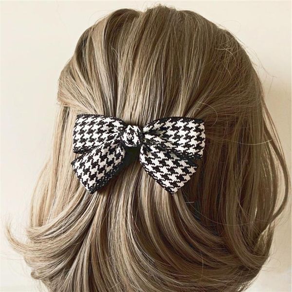 

hair accessories cloth retro clip fabric back head bow spring thousand bird grid sweet cute girl barrettes for women, Slivery;white
