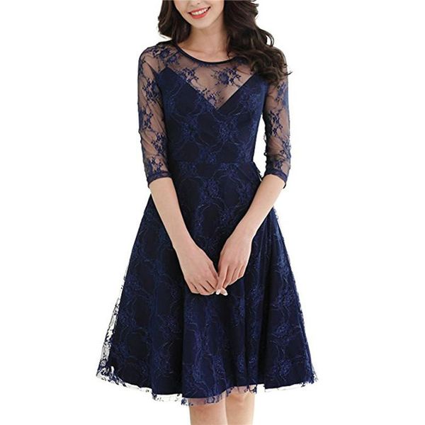 

spring and summer women's pure color three-quarter sleeves mesh embroidery evening lace dress elegant temperament s-xxl casual dresses, Black;gray
