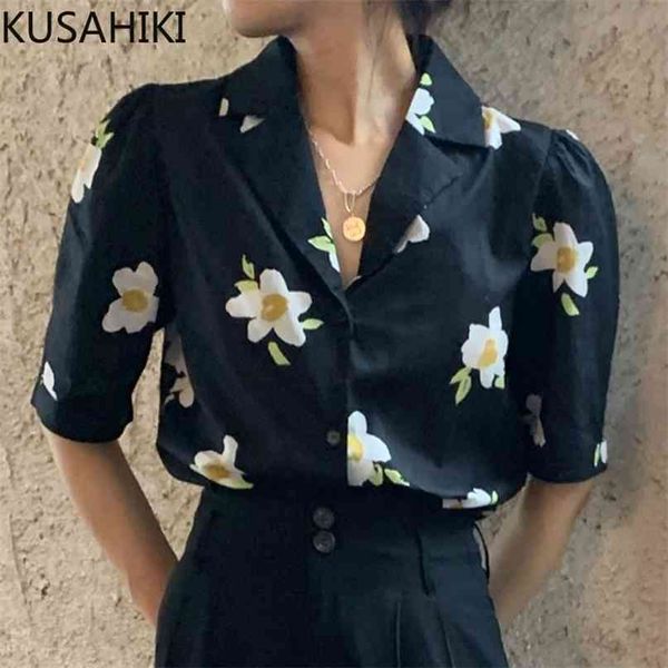 Elegante Blumen bedruckte Blusenhemd Koreanischer gekerbter Kragen Kurzarm Damen Tops Kausal Sommer Blusas 6J215 210603