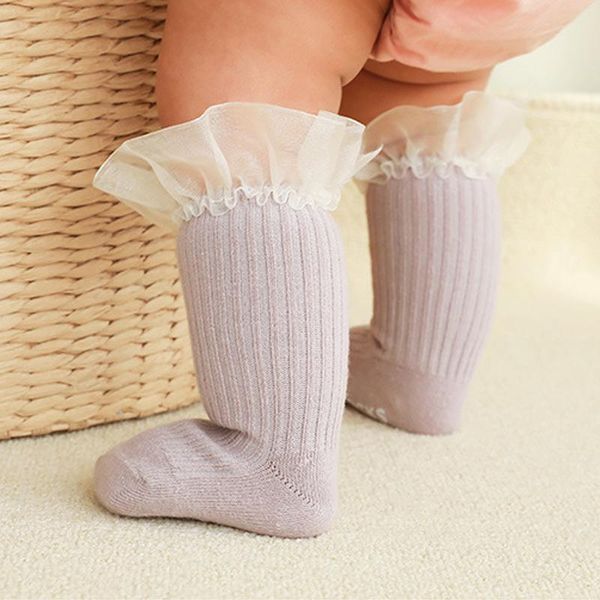 

lace ruffle born baby socks cute solid color spring autumn girls non-slip infant toddler floor sock, Pink;yellow