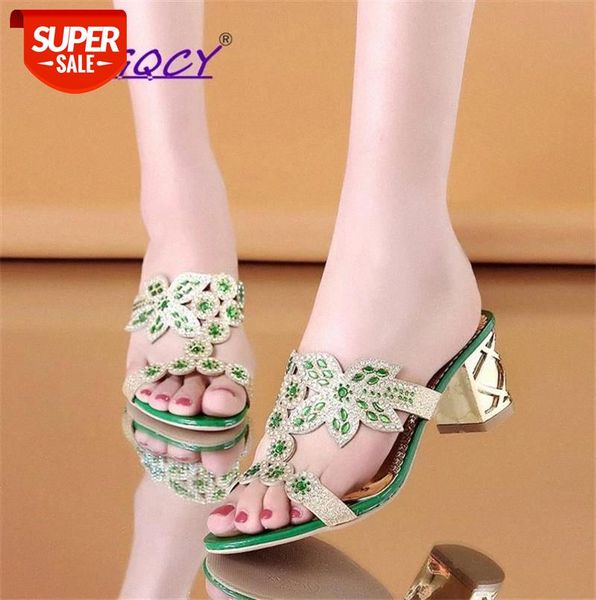 

women fashion high heels slipper peep toe hollow out crystals party shoes woman summer slip on square heel beach flip flops #fo4i, Black