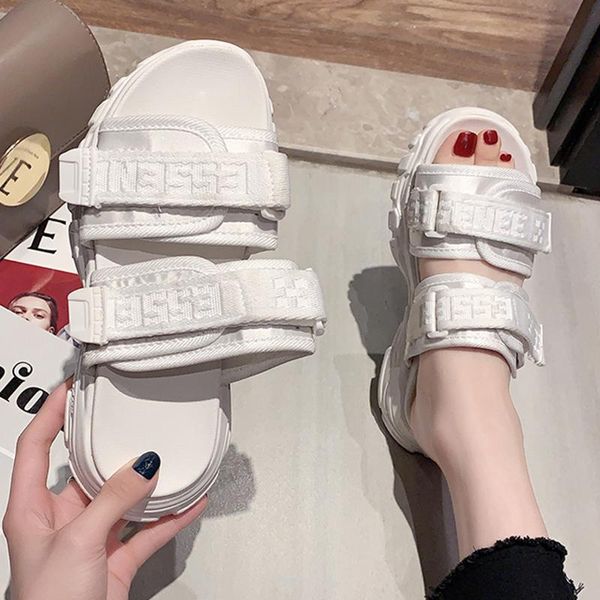 

student hook&loop digital letter double band women sandals summer elevated shoes muffins solid casual femmes sandalias2021, Black