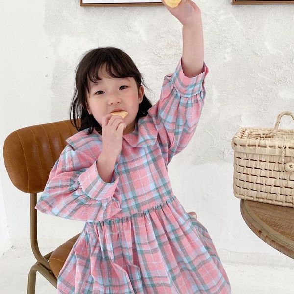 

girl's dresses 2021 spring arrival girls long sleeve plaid dress kids korean design with hairpin, Red;yellow