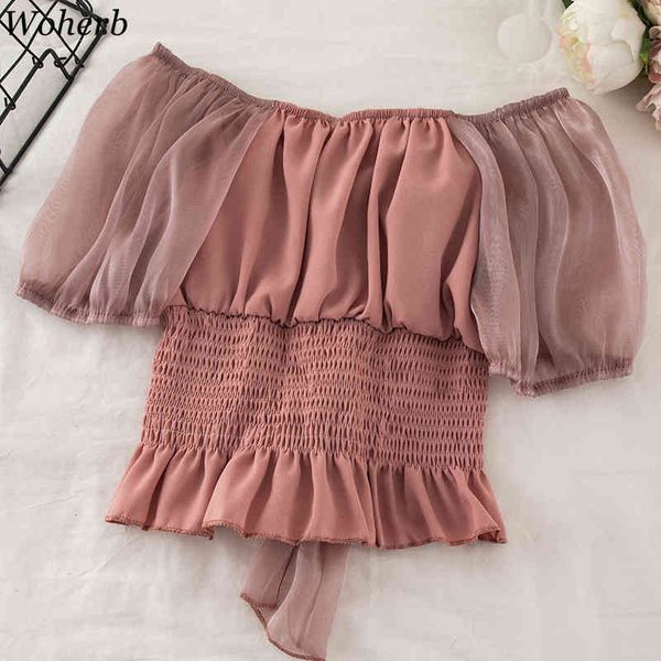 

woherb blusas mujer de moda new women shirt bow bandage high waist blouse guaze patchwork short blouses sweet vintage, White