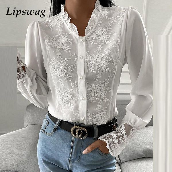 

women's blouses & shirts casual long sleeve button shirt women patchwork embroidery floral lace blouse office lady elegant stand collar, White