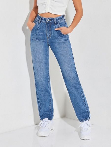 

petite high waist straight leg jeans z537#, Blue