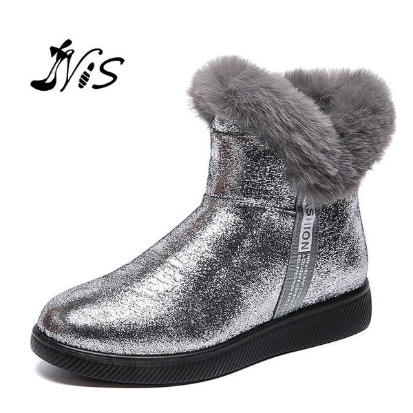 

boots nis women winter waterproof snow ankle warm plush lined sequins side zip flat shoes casual business breathable, Black